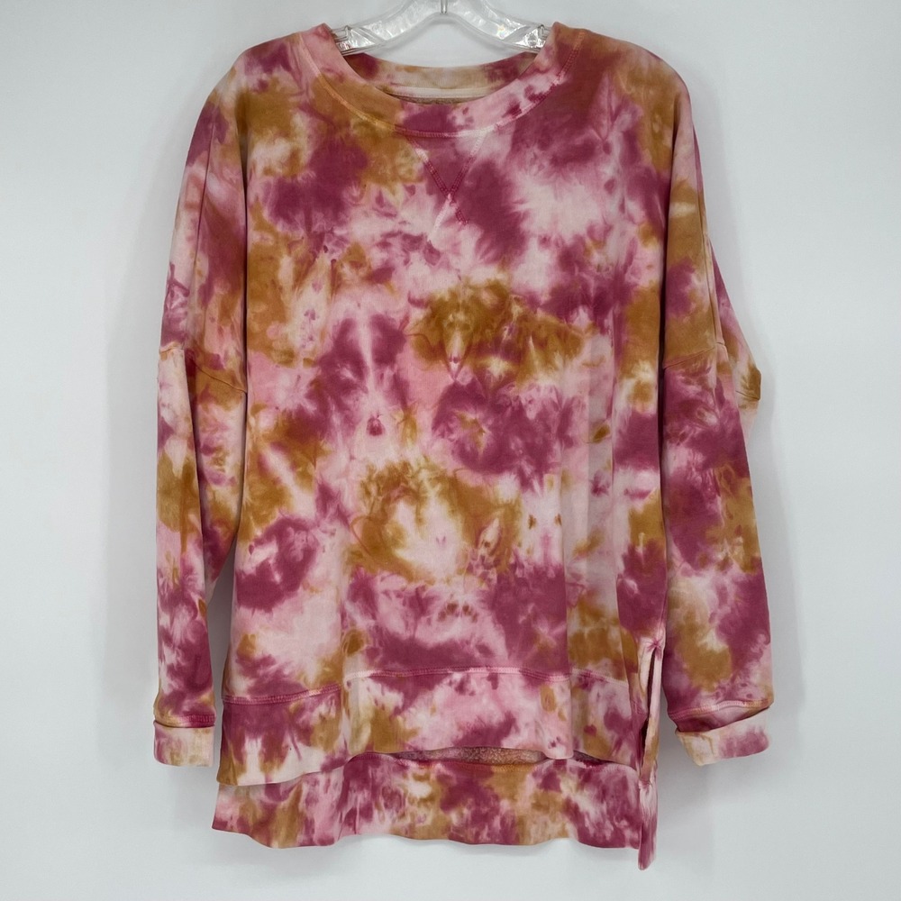 True Craft Womens Tie Dye Sweatshirt Pink Yellow Fleece Pullover Medium